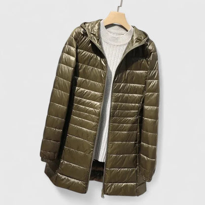 Women's quilted zip-up hood puffer coat with shiny finish – Army Green