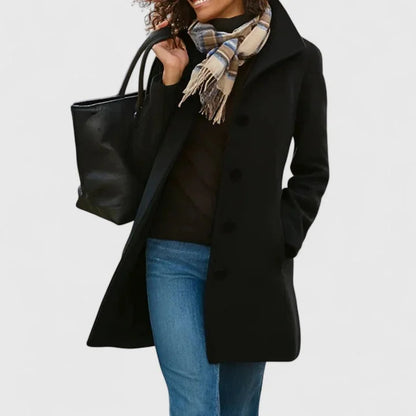 Women's button-front notch lapel wool coat with welt pockets – Black