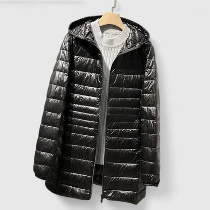 Women's quilted zip-up hood puffer coat with shiny finish – Black