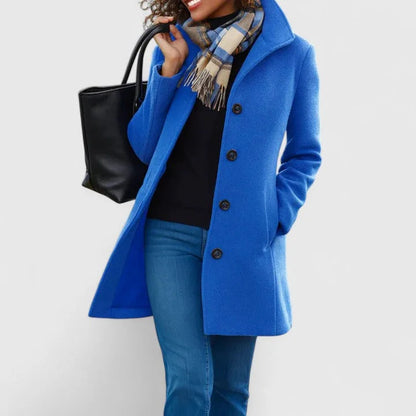 Women's button-front notch lapel wool coat with welt pockets – Blue