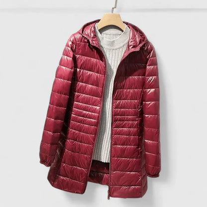 Women's quilted zip-up hood puffer coat with shiny finish – Burgundy