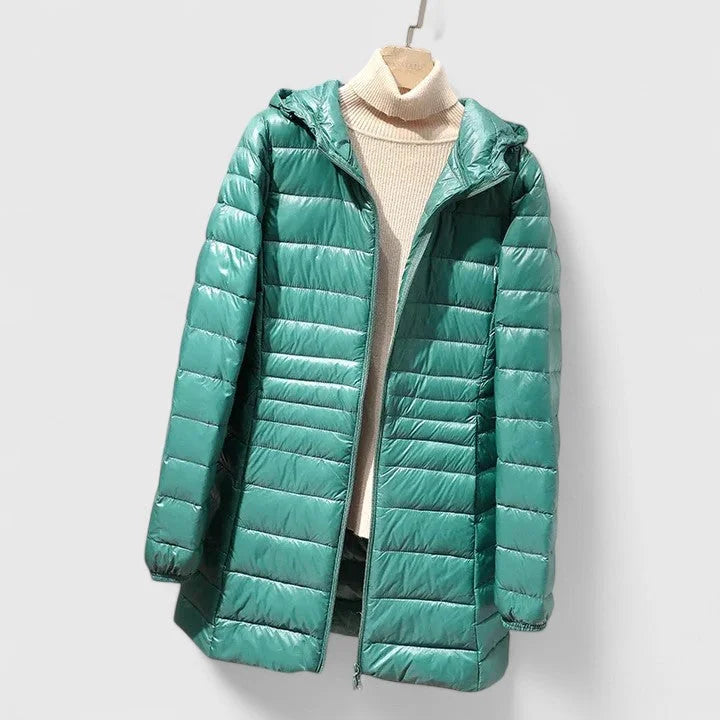 Women's quilted zip-up hood puffer coat with shiny finish – Dark Green