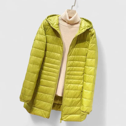 Women's quilted zip-up hood puffer coat with shiny finish – Green