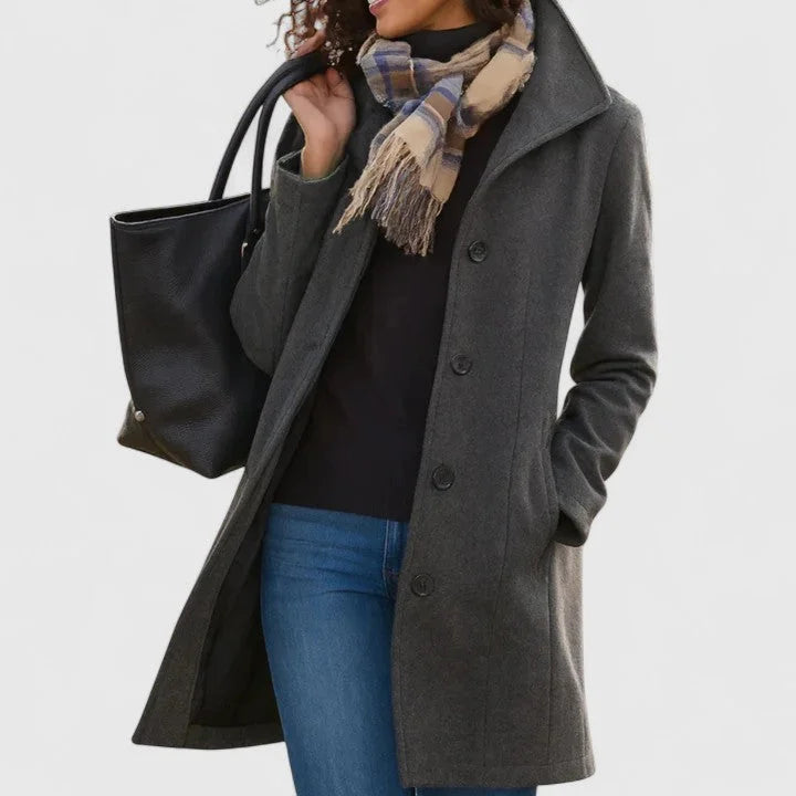 Women's button-front notch lapel wool coat with welt pockets – Grey