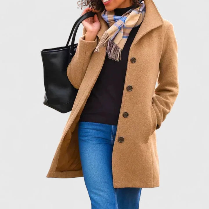 Women's button-front notch lapel wool coat with welt pockets – Khaki