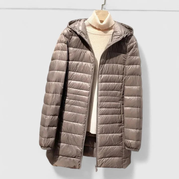 Women's quilted zip-up hood puffer coat with shiny finish – Khaki