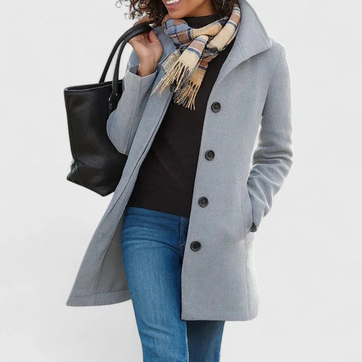 Women's button-front notch lapel wool coat with welt pockets – Light Grey