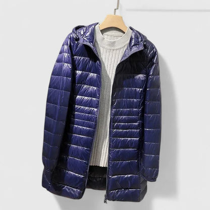 Women's quilted zip-up hood puffer coat with shiny finish – Navy Blue