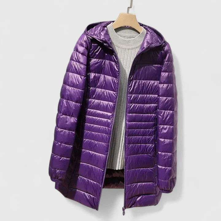 Women's quilted zip-up hood puffer coat with shiny finish – Purple