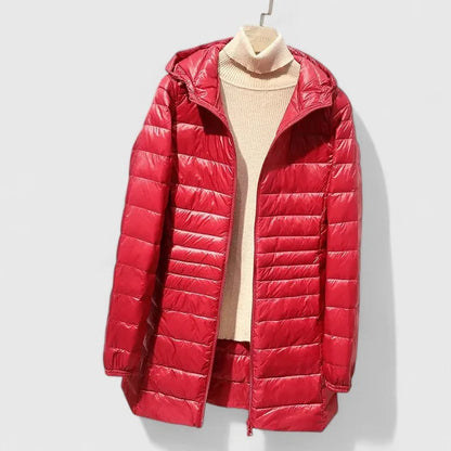 Women's quilted zip-up hood puffer coat with shiny finish – Red
