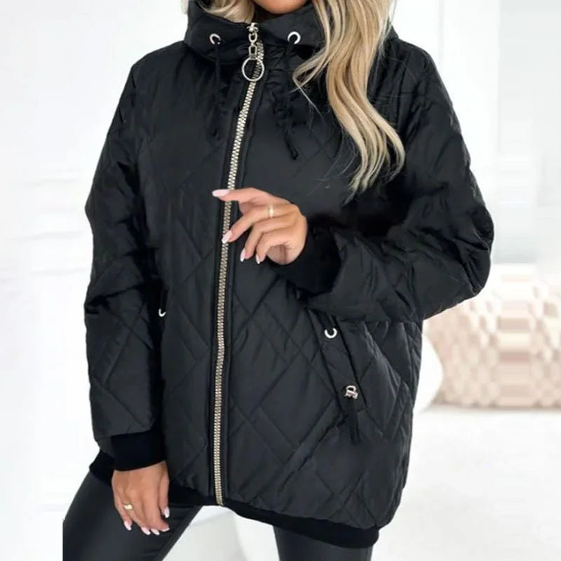 Women's quilted zip-up hood puffer jacket with drawstring details