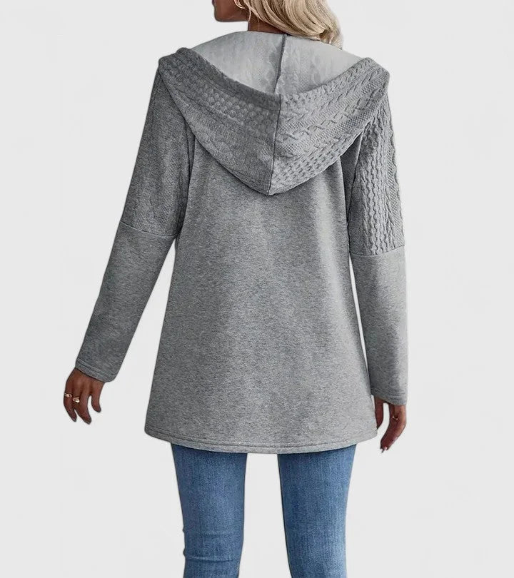 Women's knit zip-up hood cardigan with cable panels