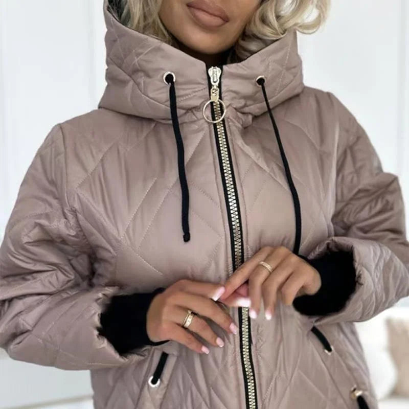 Women's quilted zip-up hood puffer jacket with drawstring details