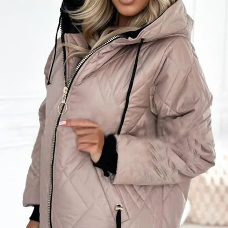 Women's quilted zip-up hood puffer jacket with drawstring details