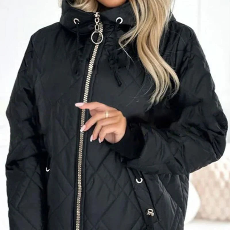 Women's quilted zip-up hood puffer jacket with drawstring details