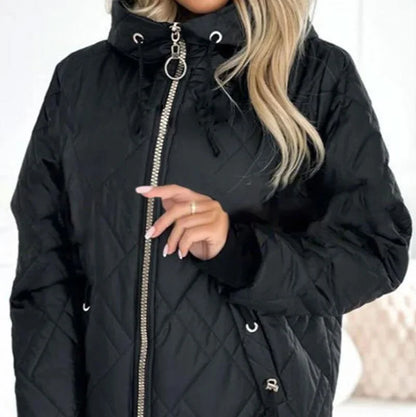 Women's quilted zip-up hood puffer jacket with drawstring details