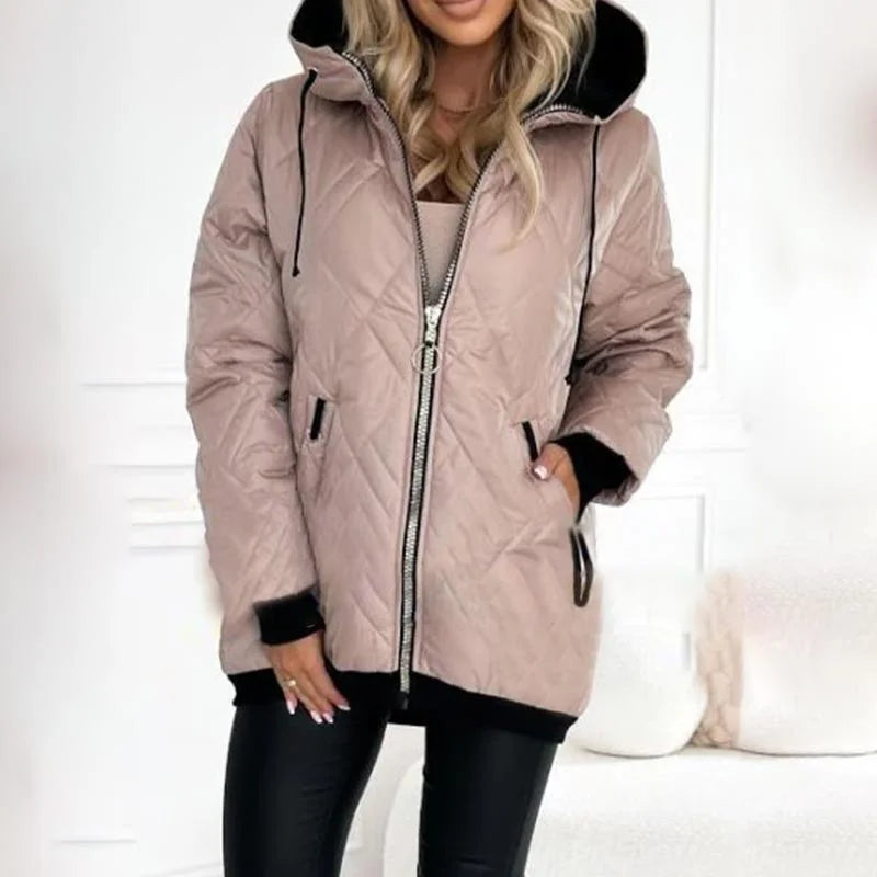 Women's quilted zip-up hood puffer jacket with drawstring details