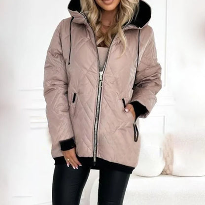 Women's quilted zip-up hood puffer jacket with drawstring details