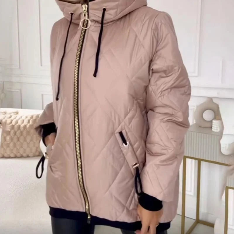 Women's quilted zip-up hood puffer jacket with drawstring details