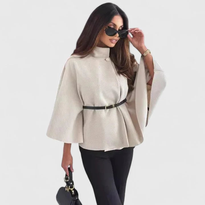 Women's button-front stand collar cape with batwing sleeves – Apricot