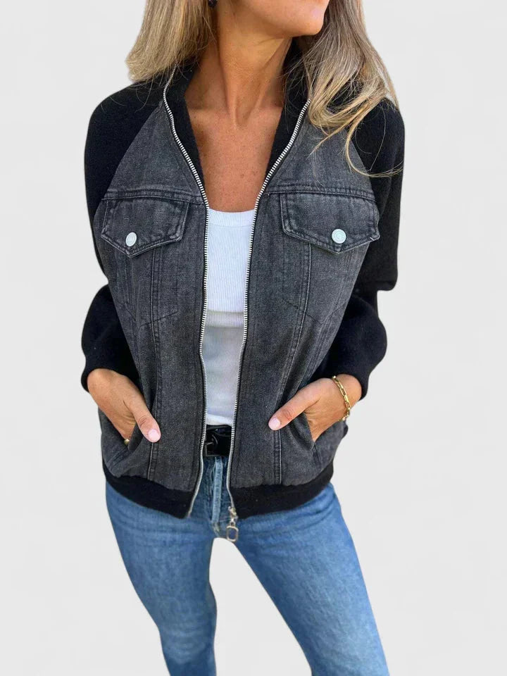 Women's colourblock denim zip-up bomber jacket with chest pockets – Black