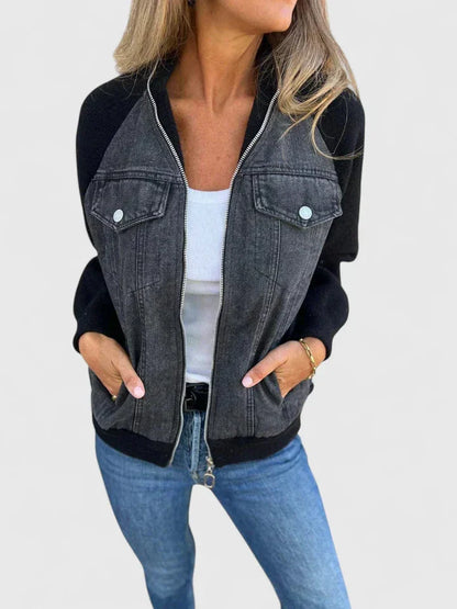 Women's colourblock denim zip-up bomber jacket with chest pockets – Black