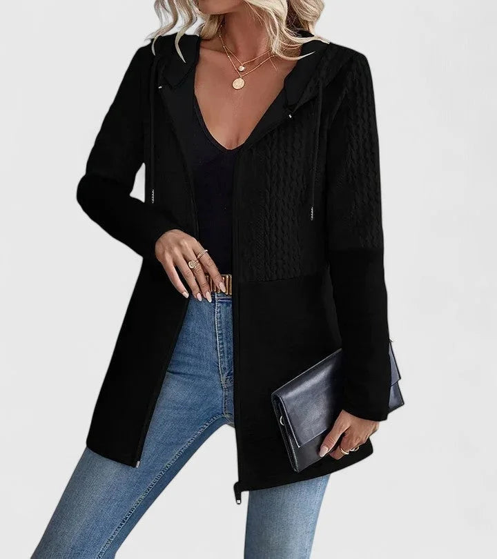 Women's knit zip-up hood cardigan with cable panels – Black
