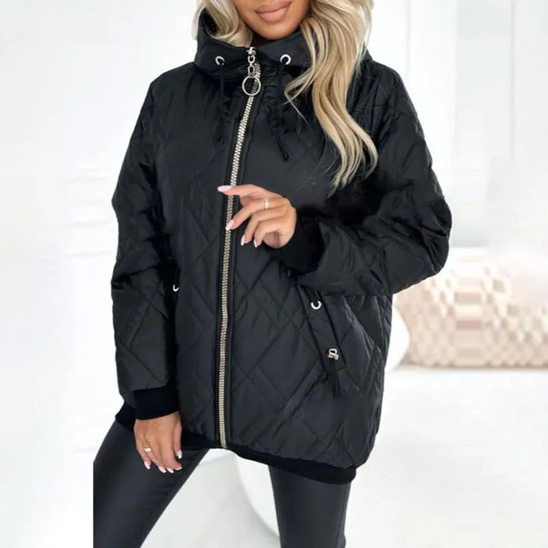 Women's quilted zip-up hood puffer jacket with drawstring details – Black