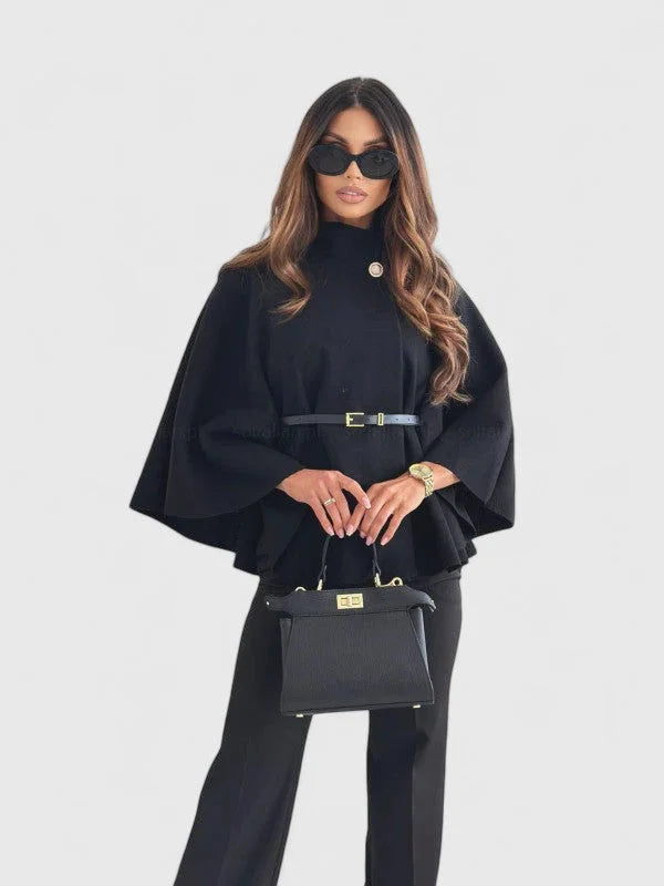 Women's button-front stand collar cape with batwing sleeves – Black