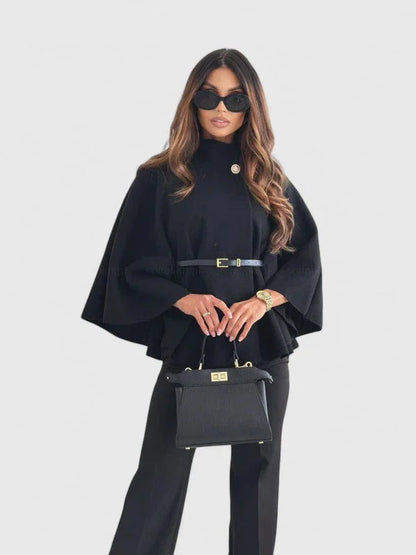 Women's button-front stand collar cape with batwing sleeves – Black