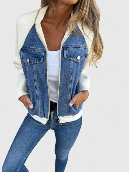 Women's colourblock denim zip-up bomber jacket with chest pockets – Blue