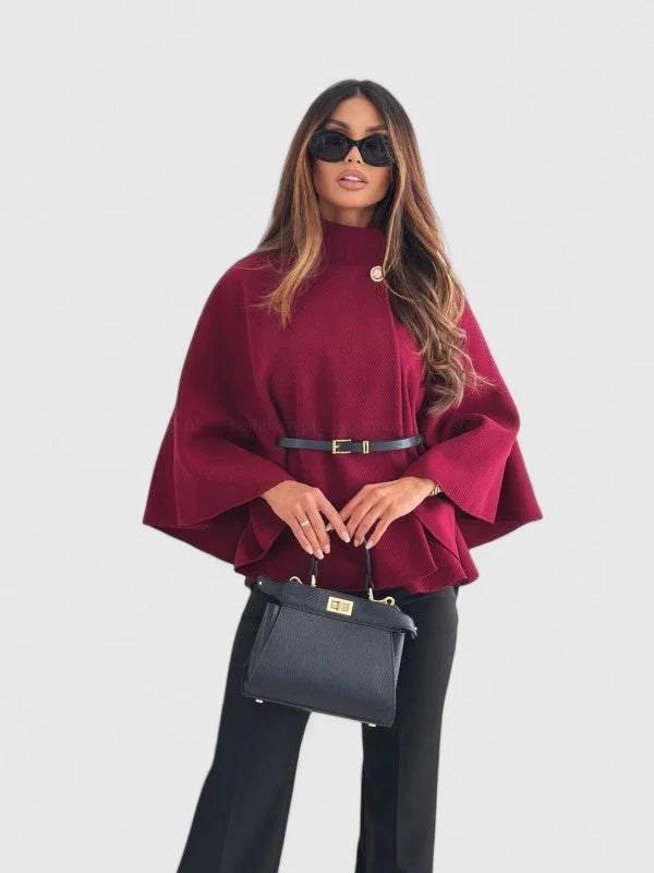 Women's button-front stand collar cape with batwing sleeves – Bordeaux