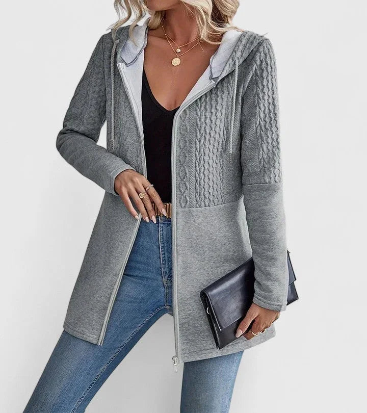 Women's knit zip-up hood cardigan with cable panels – Grey