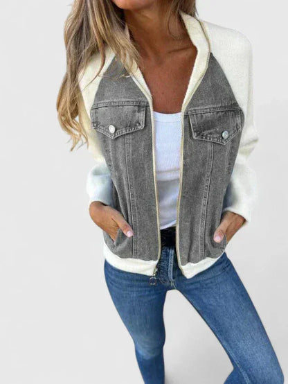 Women's colourblock denim zip-up bomber jacket with chest pockets – Grey