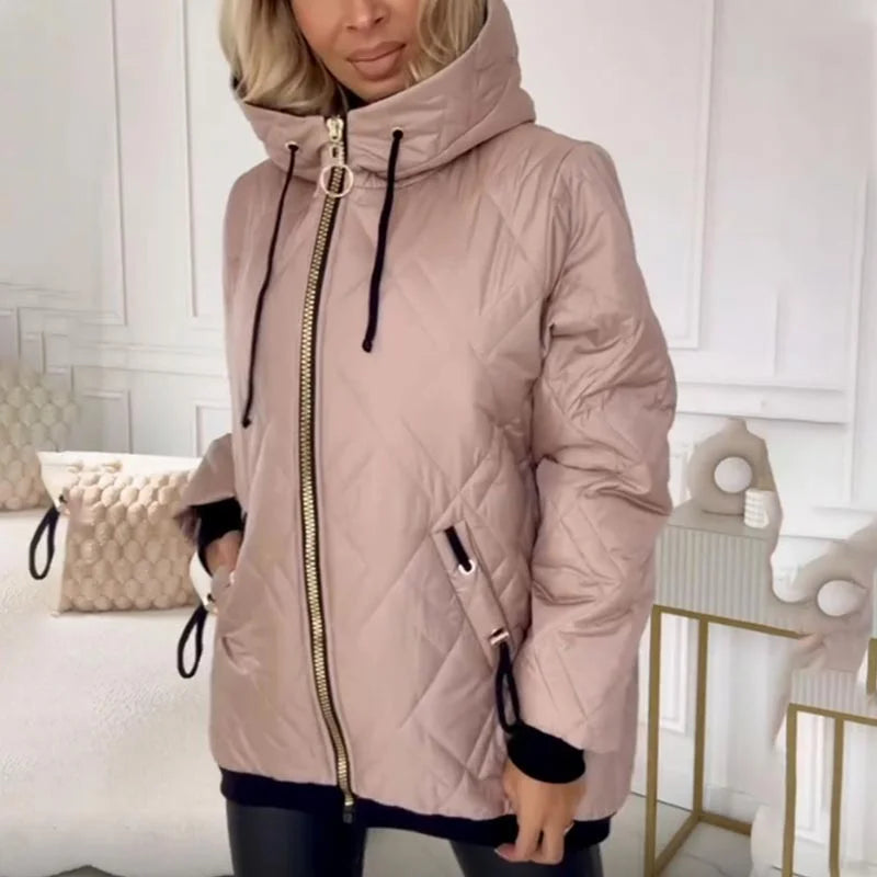 Women's quilted zip-up hood puffer jacket with drawstring details – Pink