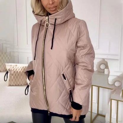 Women's quilted zip-up hood puffer jacket with drawstring details – Pink