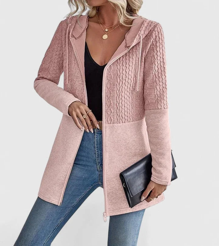 Women's knit zip-up hood cardigan with cable panels – Pink