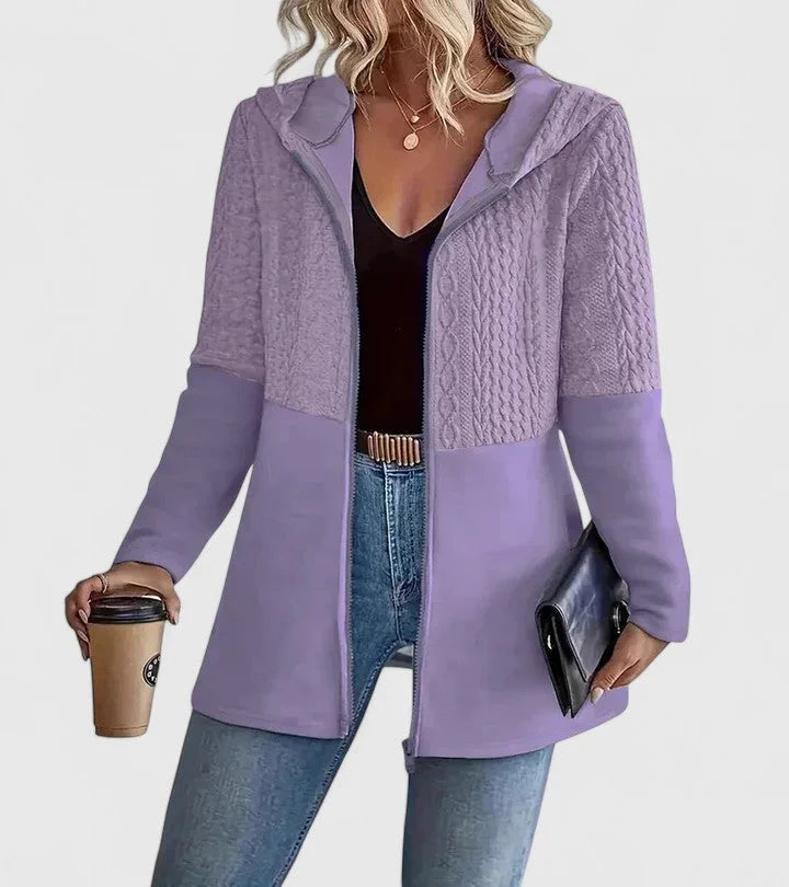 Women's knit zip-up hood cardigan with cable panels – Purple