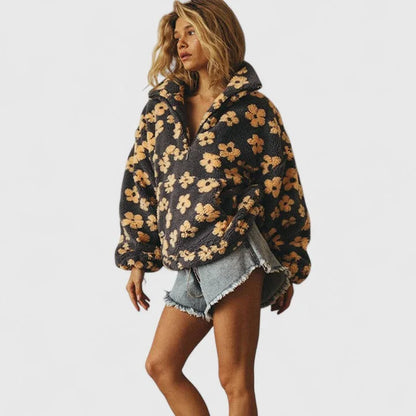 Women's floral borg half-zip fleece jacket with front pouch pocket