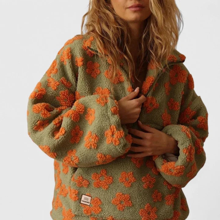 Women's floral borg half-zip fleece jacket with front pouch pocket