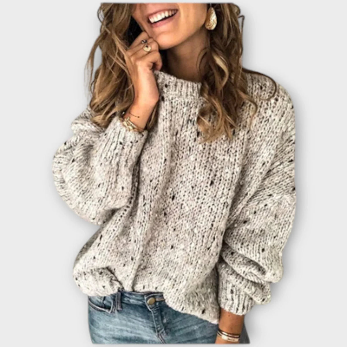 Women's knit crew neck jumper with dropped shoulder – Beige