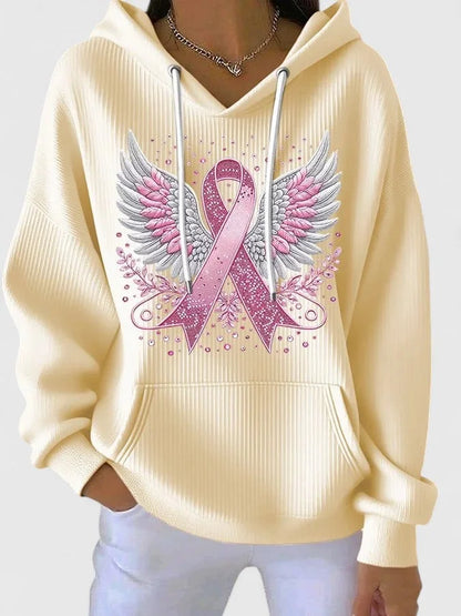 Women's ribbed hood hoodie with winged ribbon graphic – Beige