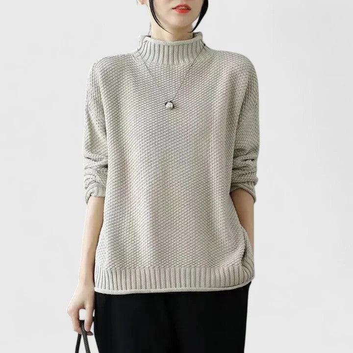 Women's knit roll neck jumper with textured body – Beige