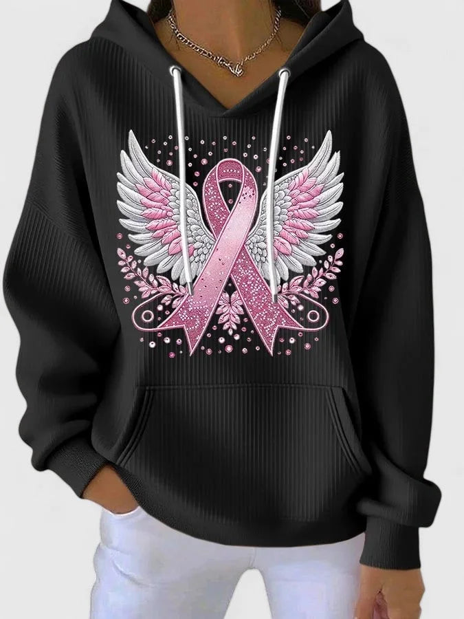 Women's ribbed hood hoodie with winged ribbon graphic – Black