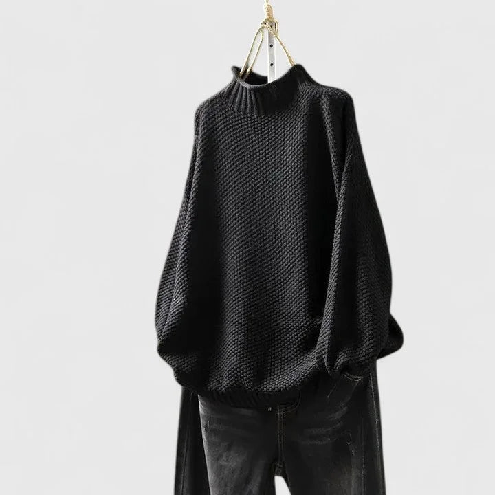 Women's knit roll neck jumper with textured body – Black