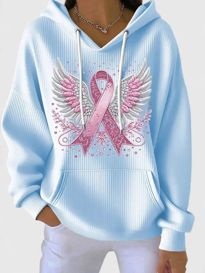 Women's ribbed hood hoodie with winged ribbon graphic – Blue