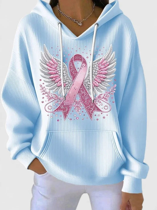Women's ribbed hood hoodie with winged ribbon graphic – Blue
