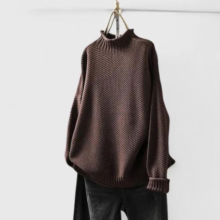 Women's knit roll neck jumper with textured body – Brown