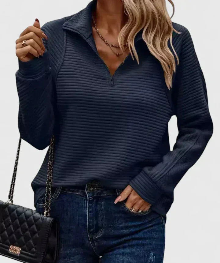 Women's ribbed half-zip stand collar jumper with texture – Dark Blue