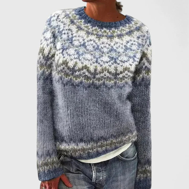 Women's fair isle knit crew neck jumper with pattern – Dark Blue